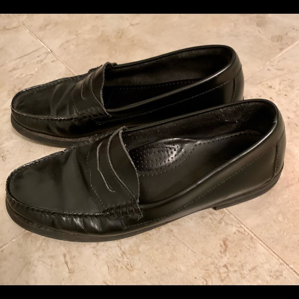 Black Weejuns penny loafers, shiny real leather